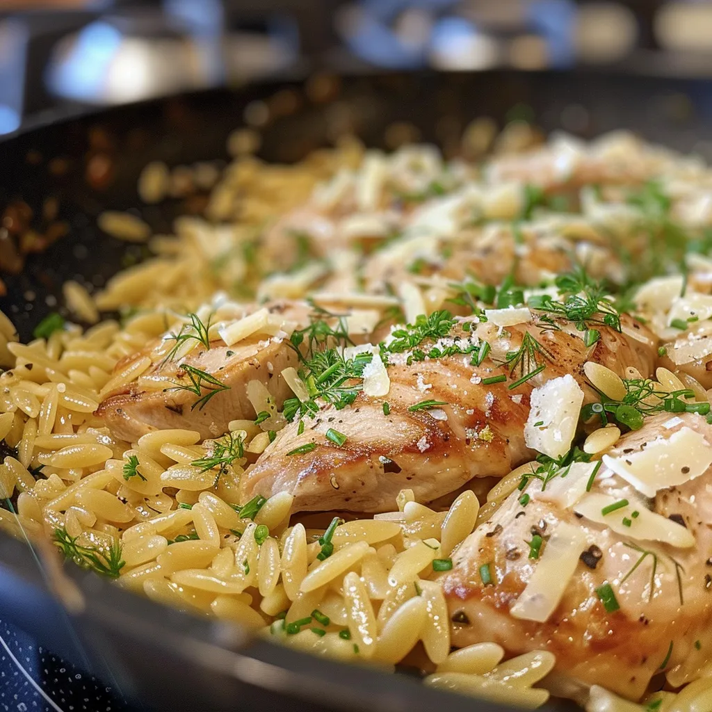 Seitenansicht einer köstlichen Zitronen-Hähnchen-Orzo-Pfanne, serviert in einer weißen Schüssel.
