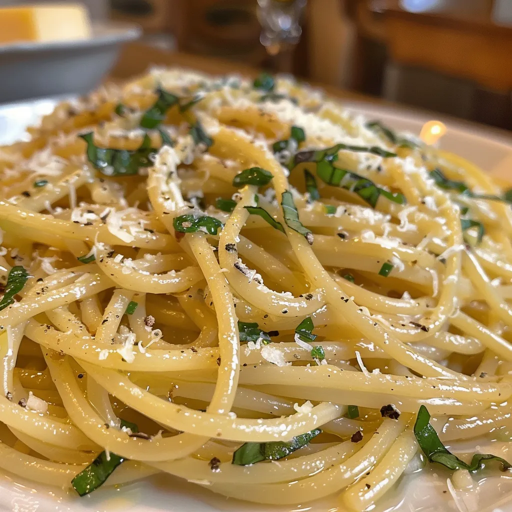 Seitenansicht von Zitronen Pasta, frisch garniert mit Kräutern.