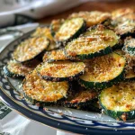Nahaufnahme von knusprigen Zucchini Chips auf einem Teller.