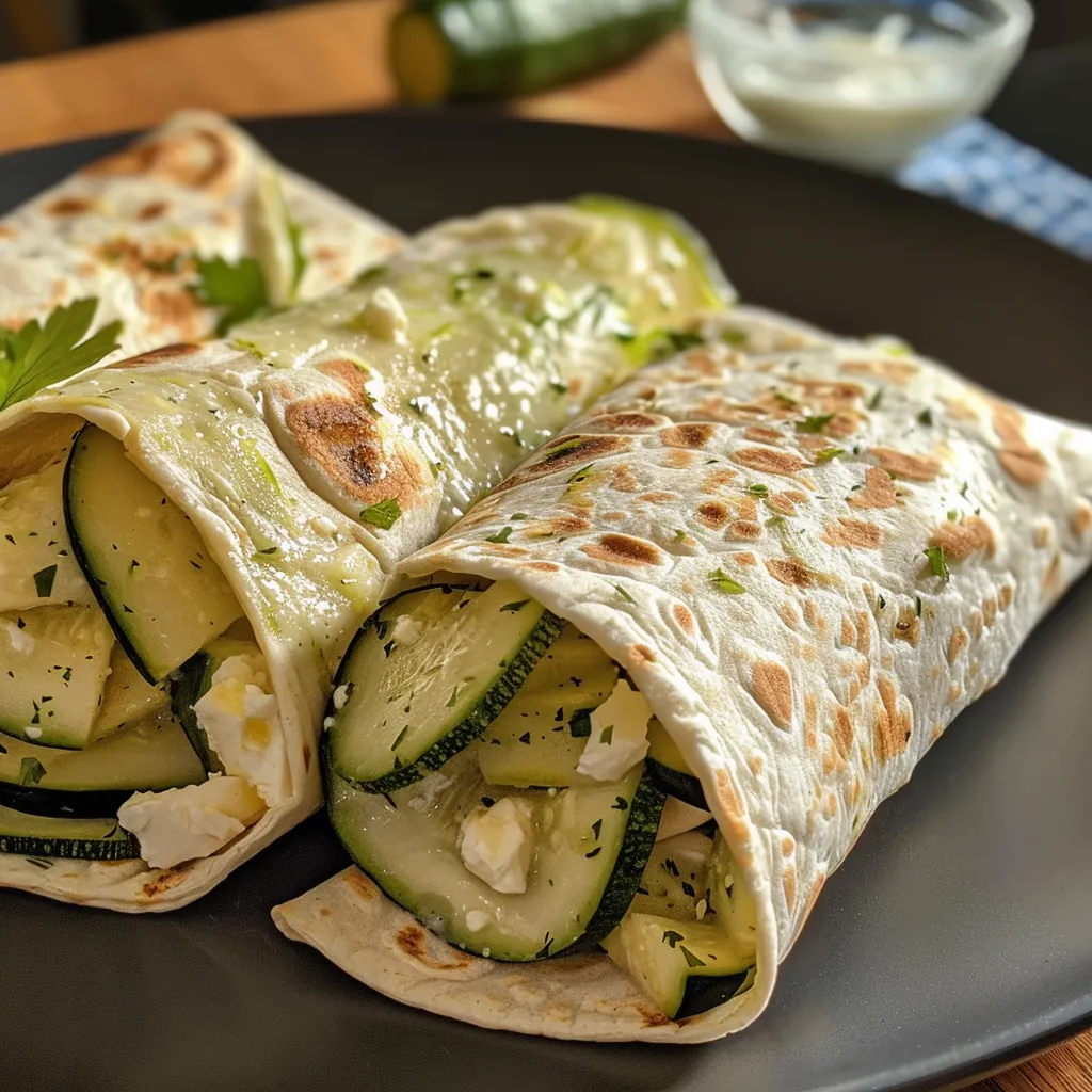 Zucchini-Feta-Wraps auf einem Teller, umgeben von frischen Zutaten.