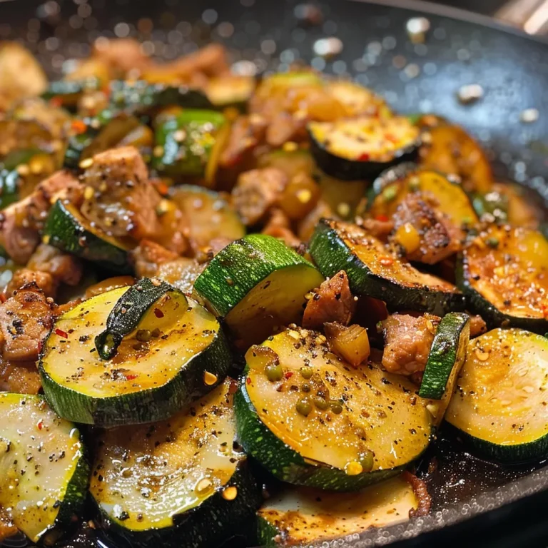 Nahaufnahme einer Zucchini Hackfleisch Pfanne mit glänzendem Hackfleisch und frischen Zucchini.