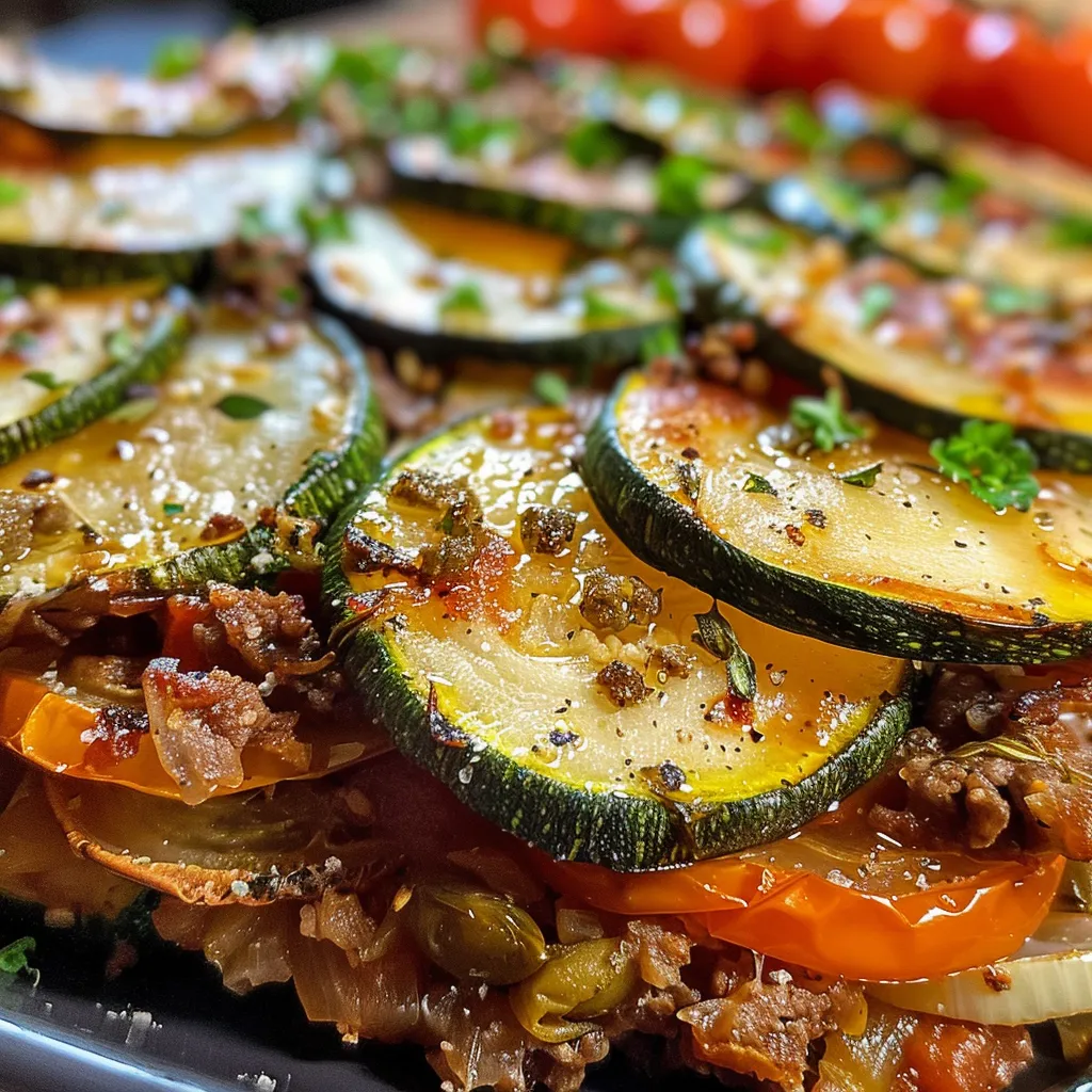 Seitenansicht einer appetitlichen Zucchini Hackfleisch Pfanne mit Gewürzen und frischen Zutaten.