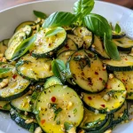 Nahaufnahme eines frischen Zucchini-Mais-Salats mit bunten Zutaten.