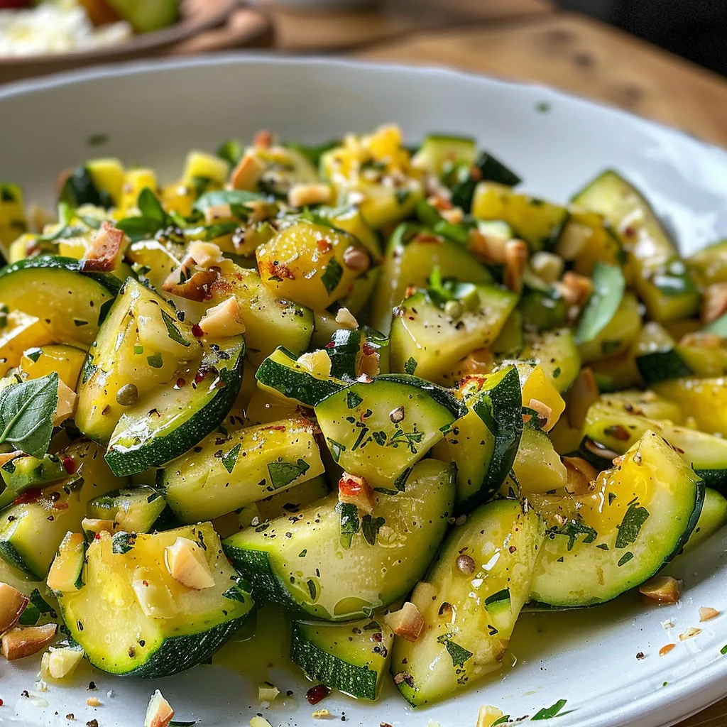 Seitenansicht eines appetitlichen Zucchini-Mais-Salats in einer Schüssel.