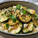 Eine Nahaufnahme von Zucchini-Reis-Pfanne mit Feta in einer Schüssel.
