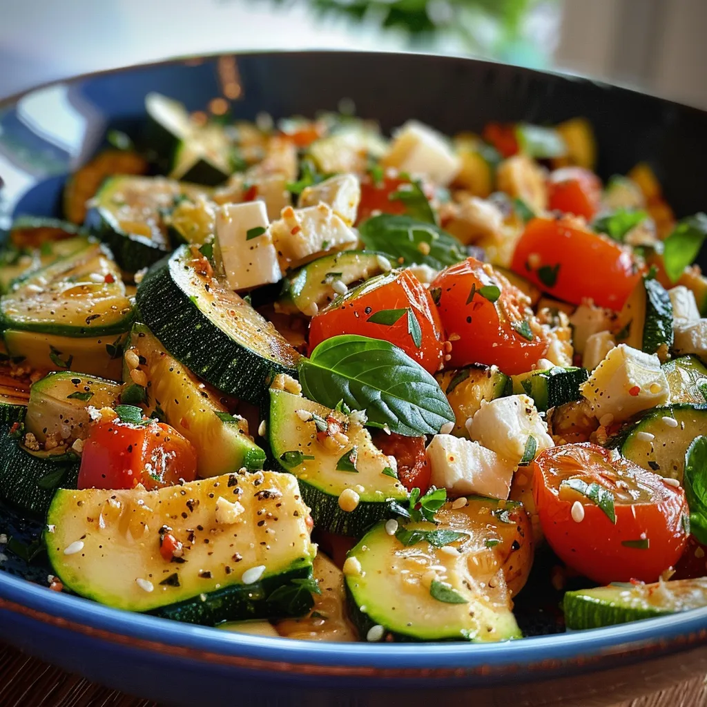Seiteansicht einer bunten Zucchini-Reis-Pfanne mit Feta und Kräutern.