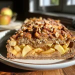 ['Close-up view of Maple and Apple Cider Oatmeal Bread showcasing its moist texture and golden crust.', 'Side profile of a loaf of Apple Cider Oatmeal Bread highlighting chunks of apple and walnut.', 'Detailed image of sliced Maple and Apple Cider Oatmeal Bread with visible oats and spices.', 'Close detail of a freshly baked loaf of oatmeal bread studded with apples and walnuts.']