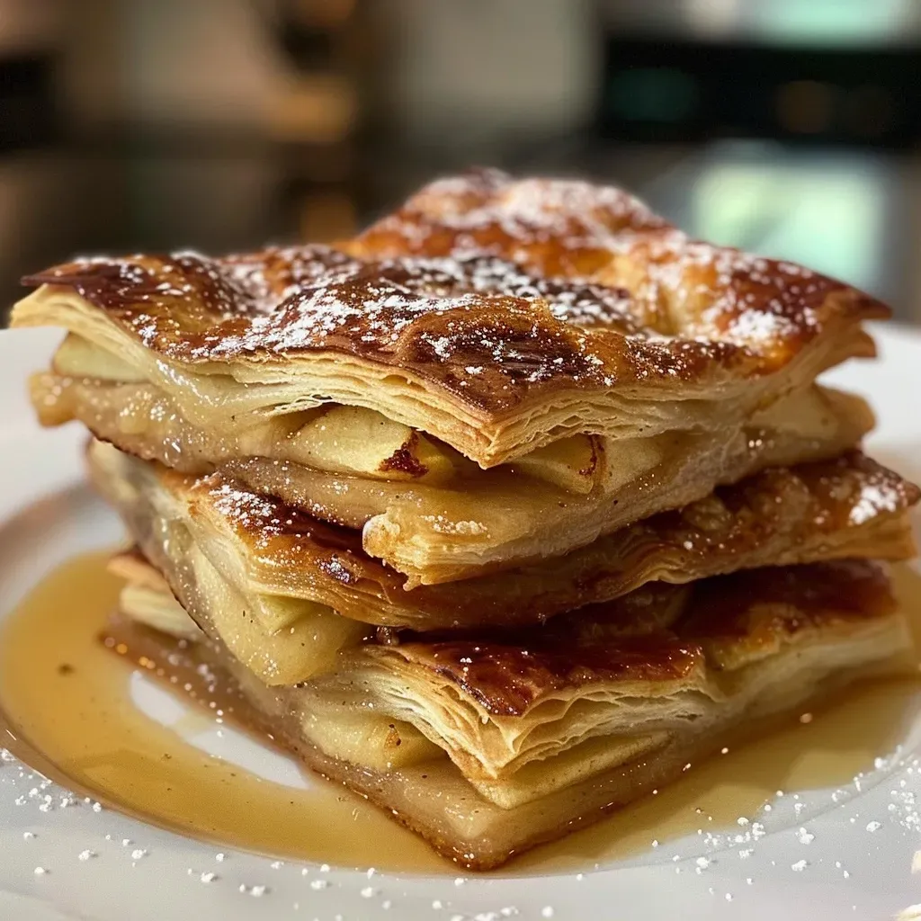 ['Close-up of golden-brown maple apple turnovers with a flaky crust.', 'Side view of apple turnovers filled with diced apples and maple syrup.', 'Juicy maple apple turnovers displayed on a wooden surface, glistening with glaze.', 'Freshly baked turnovers showcasing a crispy pastry and apple filling.']
