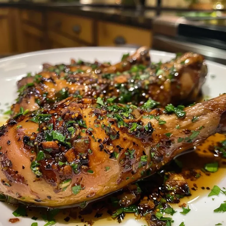['Close-up of juicy maple balsamic herb chicken on a plate.', 'Side view of succulent chicken breasts glazed with balsamic and maple syrup.', 'Garnished chicken dish with herbs and a shiny balsamic sauce.', 'Delicious plate of maple balsamic chicken with visible seasoning and garlic.']