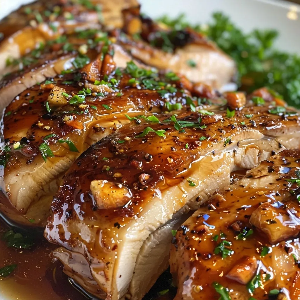 Close-up of juicy maple balsamic herb chicken on a plate.