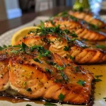 ['Close-up view of a baked maple dijon salmon, showcasing a glaze of maple syrup and Dijon mustard.', 'Juicy salmon fillet topped with a shiny glaze, highlighting garlic and parsley garnishes.', 'Side shot of oven-baked salmon with a rich maple and mustard sauce, garnished with fresh herbs.', 'Detailed image of tender salmon fillets with a golden glaze, sitting on a plate with fresh parsley.']