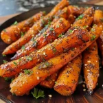 ['Close-up view of roasted carrots drizzled with maple dijon glaze.', 'Juicy, glazed carrots showcasing a vibrant orange color with a shiny surface.', 'Side view of golden-brown roasted carrots, glistening with a maple and mustard coating.', 'A platter of maple dijon roasted carrots, highlighting their caramelized edges.']