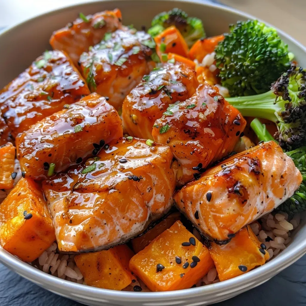 ['Close-up view of a maple salmon bowl featuring wild-caught salmon, sweet potato, and broccoli.', 'Side angle photo of a vibrant salmon bowl with chunks of salmon, diced sweet potatoes, and green broccoli.', 'Deliciously arranged maple salmon bowl showcasing roasted sweet potatoes and broccoli.', 'Colorful presentation of maple salmon dish, highlighting the salmon, sweet potatoes, and broccoli.']