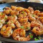 ['Close-up of glossy maple soy shrimp garnished with herbs.', 'Side view of cooked shrimp coated in a dark, shiny glaze.', 'Juicy shrimp with a rich maple soy sauce, showcasing texture.', 'Fresh shrimp glistening with a maple syrup and soy glaze.']