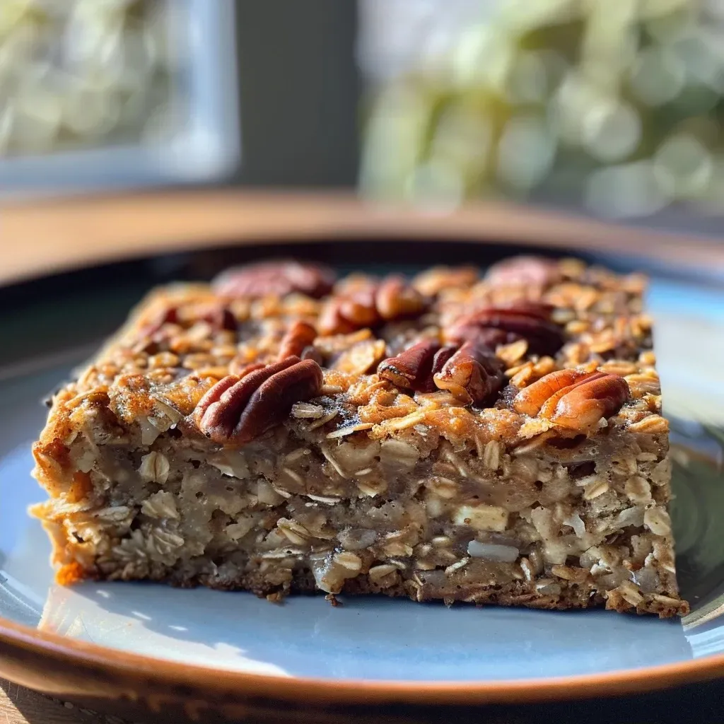 ['Close-up view of Maple Cinnamon Oatmeal Breakfast Bars showcasing a textured surface.', 'Side view of gluten-free oatmeal breakfast bars with maple and cinnamon glaze.', 'Deliciously stacked Maple Cinnamon Oatmeal Bars with visible oats and nuts.', 'Freshly baked oatmeal bars with a golden brown top and nutty toppings.']