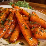 ['Close-up of glazed carrots with maple syrup, showcasing a glossy finish.', 'Side view of vibrant orange carrots coated in a shiny maple glaze.', 'Deliciously glazed carrots garnished with fresh herbs, highlighting their texture.', 'Juicy carrots drizzled with maple syrup and sprinkled with parsley and thyme.']