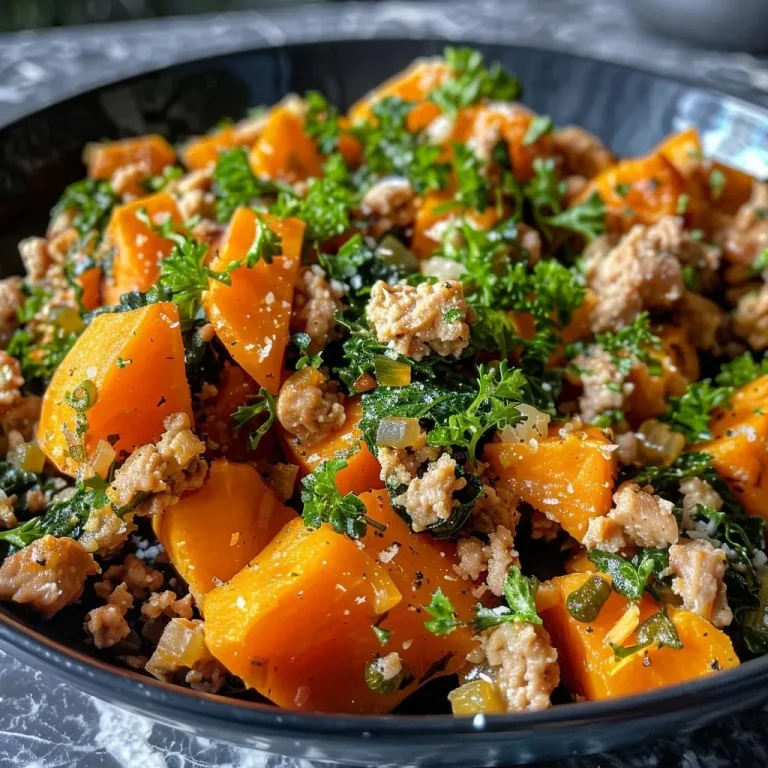 ['Close-up view of a savory turkey and sweet potato hash in a bowl.', 'Side view of a colorful turkey hash with diced sweet potatoes and greens.', 'Juicy turkey and sweet potato dish garnished with fresh parsley.', 'A vibrant mix of ground turkey, sweet potatoes, and spinach in a dish.']