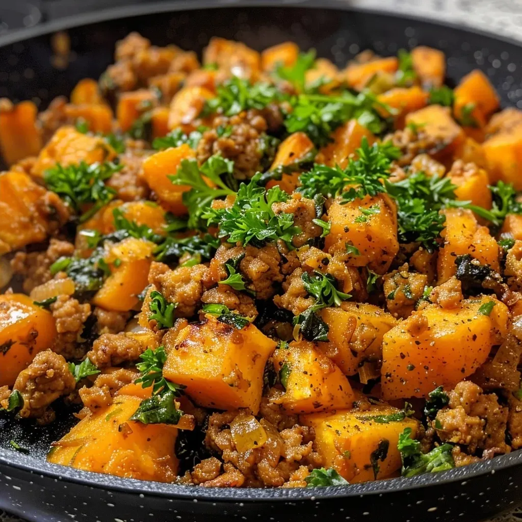 Close-up view of a savory turkey and sweet potato hash in a bowl.