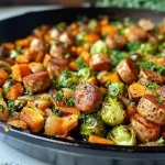 ['Close-up view of a skillet filled with chicken apple sausage and colorful vegetables.', 'Juicy apple chicken sausage and diced vegetables in a frying pan.', 'A vibrant vegetable and sausage skillet showcasing sweet potatoes and Brussels sprouts.', 'Hearty chicken apple sausage mixed with kale, onions, and Honeycrisp apples in a pan.']