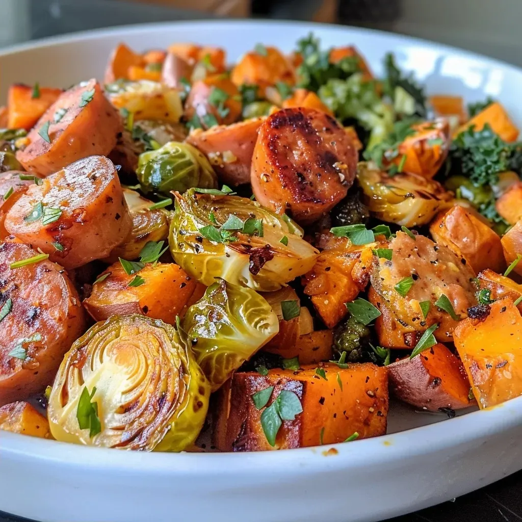 ['Close-up view of a skillet filled with chicken apple sausage and colorful vegetables.', 'Juicy apple chicken sausage and diced vegetables in a frying pan.', 'A vibrant vegetable and sausage skillet showcasing sweet potatoes and Brussels sprouts.', 'Hearty chicken apple sausage mixed with kale, onions, and Honeycrisp apples in a pan.']