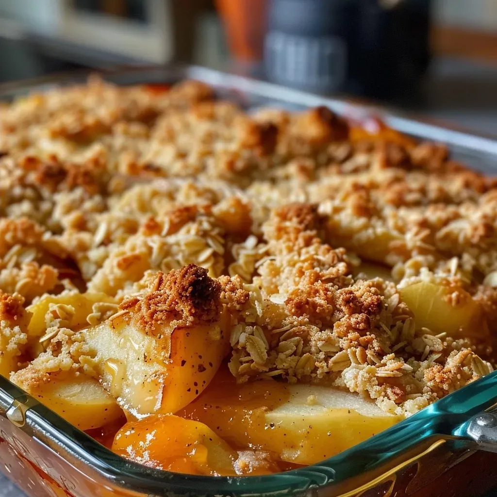 A close-up view of a slice of apple and pumpkin crumble topped with a golden-brown crust.