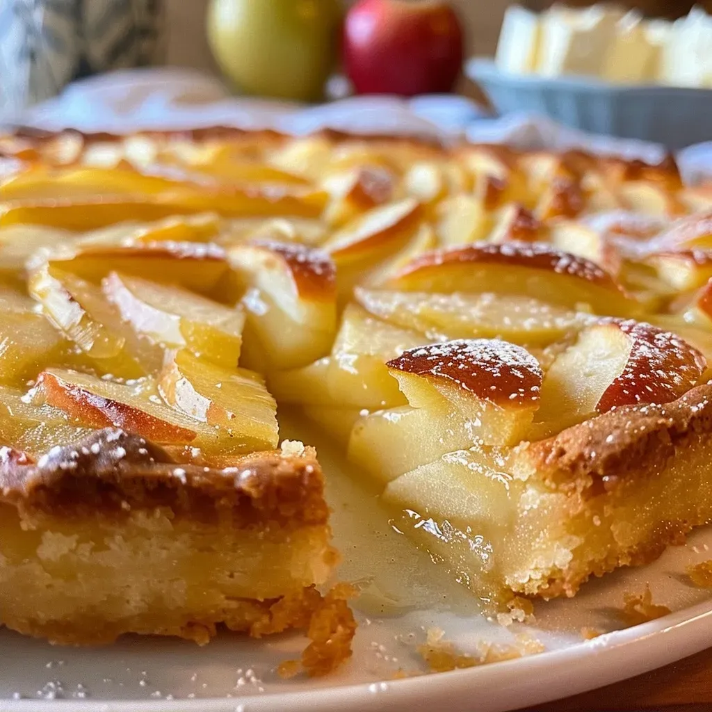 ['A close-up side view of a maple-apple upside-down cake, showcasing sliced apples and a glossy maple syrup glaze.', 'Juicy apple slices arranged atop a golden-brown upside-down cake, captured in vibrant detail.', 'Detailed side view of a freshly baked apple cake with rich maple syrup glistening on top.', 'Close-up image of a moist upside-down cake featuring tart Granny Smith apples and a smooth caramelized topping.']