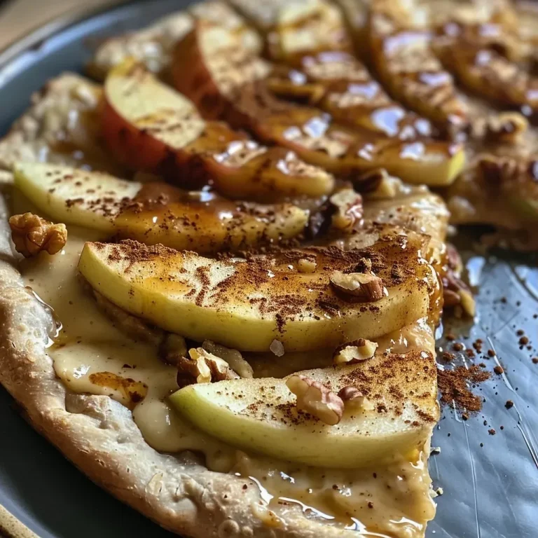 ['Close-up view of a slice of Apple Pie Breakfast Pizza topped with apple slices and walnuts.', 'Side view of a delicious Apple Pie Breakfast Pizza with a golden crust and fresh apple toppings.', 'Detailed shot of a breakfast pizza featuring baked apples and yogurt, highlighting its textures.', 'View of a slice of Apple Pie Breakfast Pizza with oats and cinnamon, garnished with walnuts.']