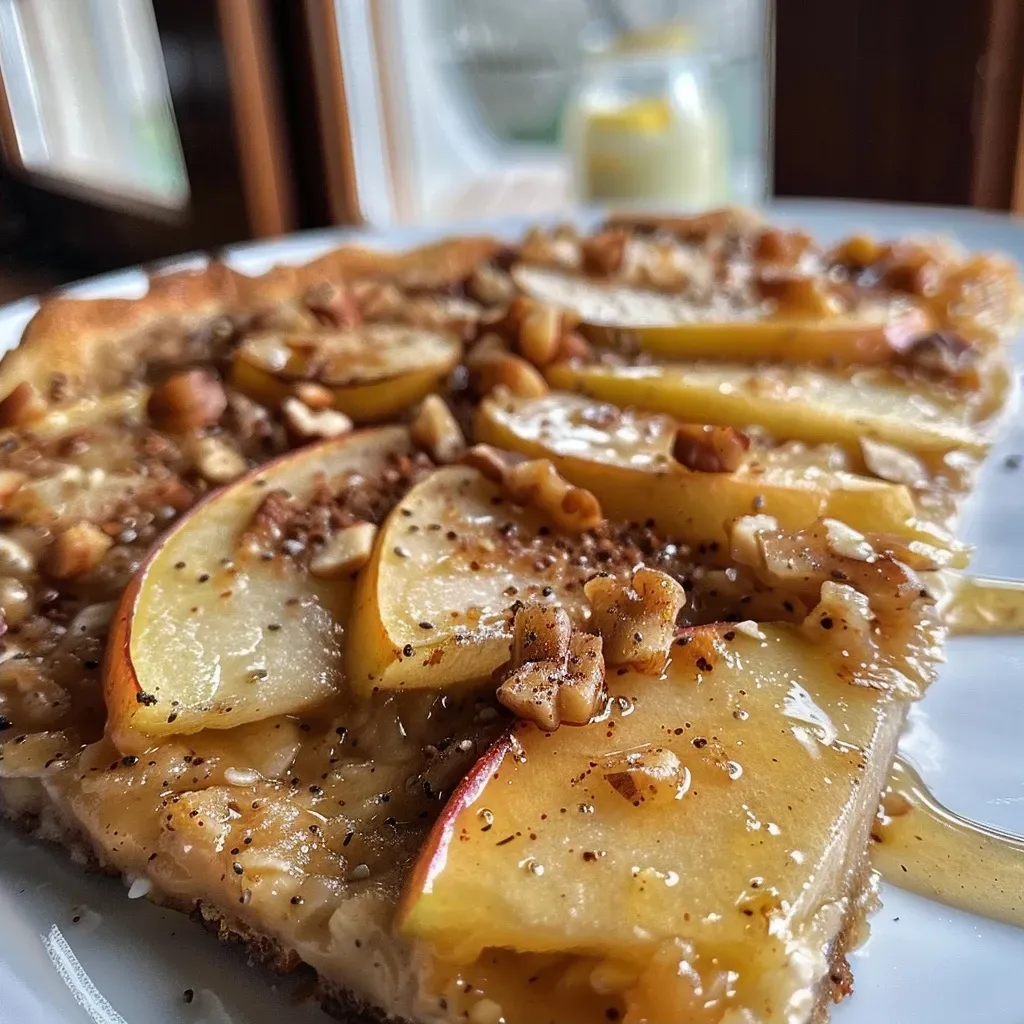 ['Close-up view of a slice of Apple Pie Breakfast Pizza topped with apple slices and walnuts.', 'Side view of a delicious Apple Pie Breakfast Pizza with a golden crust and fresh apple toppings.', 'Detailed shot of a breakfast pizza featuring baked apples and yogurt, highlighting its textures.', 'View of a slice of Apple Pie Breakfast Pizza with oats and cinnamon, garnished with walnuts.']