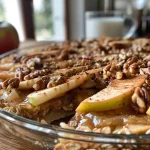 ['Close-up of a bowl of apple pie oatmeal topped with chopped apples and pecans.', 'Side view of a creamy oatmeal dish with chunks of apple and a drizzle of syrup.', 'Juicy apple pie oatmeal garnished with nuts and cinnamon in a rustic setting.', 'A delicious-looking bowl of oatmeal with apple pieces and nuts, showcasing vibrant colors.']