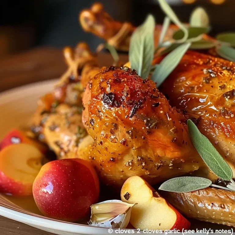 ['A close-up side view of a juicy roast chicken with apple and sage.', 'Golden-brown roast chicken surrounded by apple wedges and fresh sage.', 'A beautifully roasted chicken, featuring apple slices and sage leaves.', 'Juicy roast chicken garnished with fresh sage and apple pieces.']