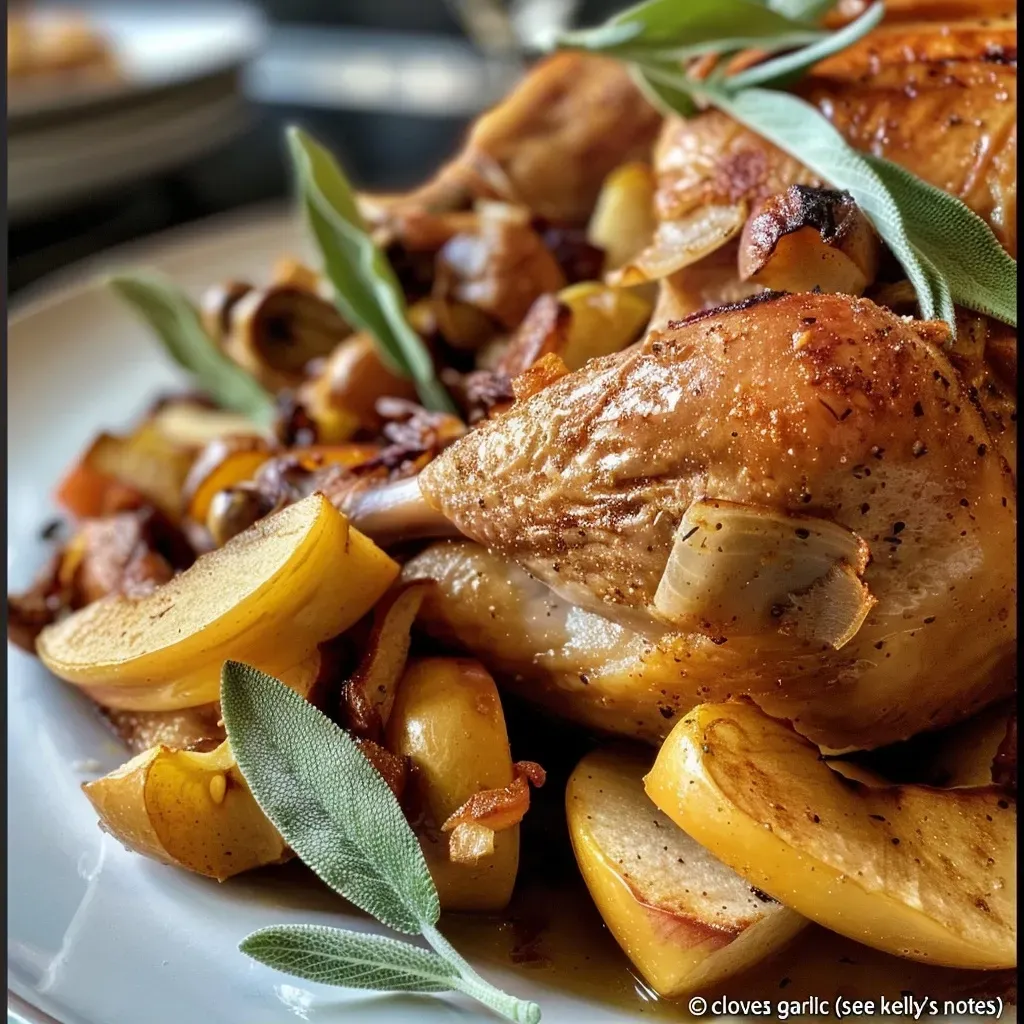 A close-up side view of a juicy roast chicken with apple and sage.