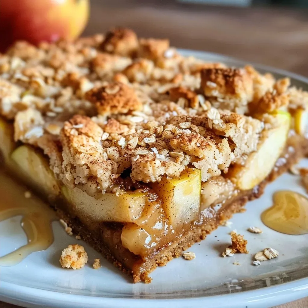 Close-up of a moist apple crumb cake drizzled with cinnamon glaze.