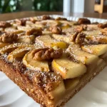 ['Close-up view of apple walnut bars with a golden-brown crust and visible chunks of walnuts and apples.', 'Side view of delicious apple walnut bars, showcasing a layered texture with nuts and fruit.', 'Juicy apple walnut bars arranged neatly, highlighting the rich ingredients and crumbly topping.', 'Detailed side perspective of apple walnut bars, emphasizing the colorful apple slices and walnut pieces.']
