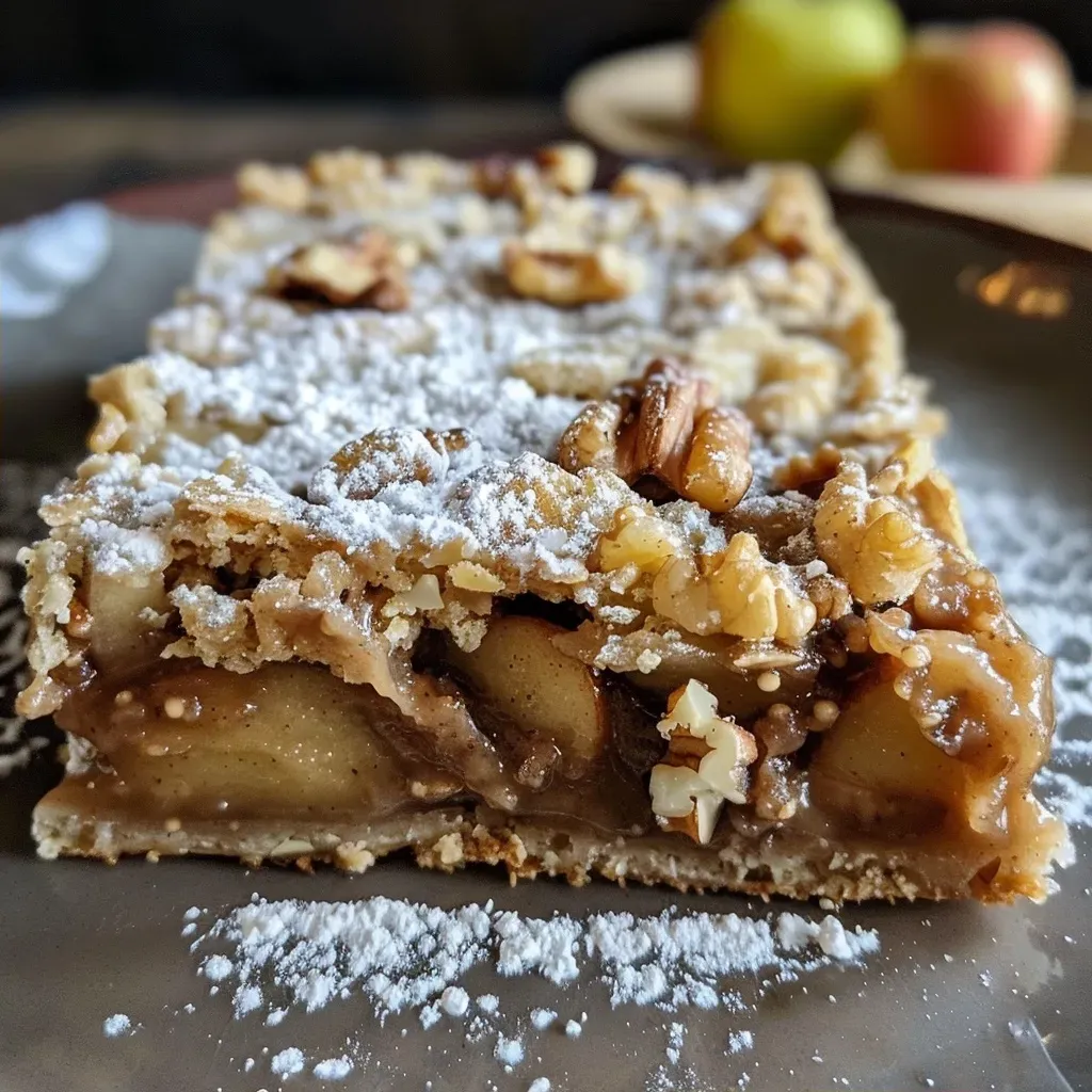 ['Close-up view of apple walnut bars with a golden-brown crust and visible chunks of walnuts and apples.', 'Side view of delicious apple walnut bars, showcasing a layered texture with nuts and fruit.', 'Juicy apple walnut bars arranged neatly, highlighting the rich ingredients and crumbly topping.', 'Detailed side perspective of apple walnut bars, emphasizing the colorful apple slices and walnut pieces.']