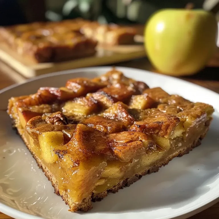 ['Close-up side view of apple cinnamon bread pudding in a dish.', 'Juicy, baked apple cinnamon bread pudding with visible textures.', 'Slice of apple cinnamon bread pudding featuring apple chunks and raisins.', 'Rich, golden-brown apple cinnamon bread pudding presented in a pan.']