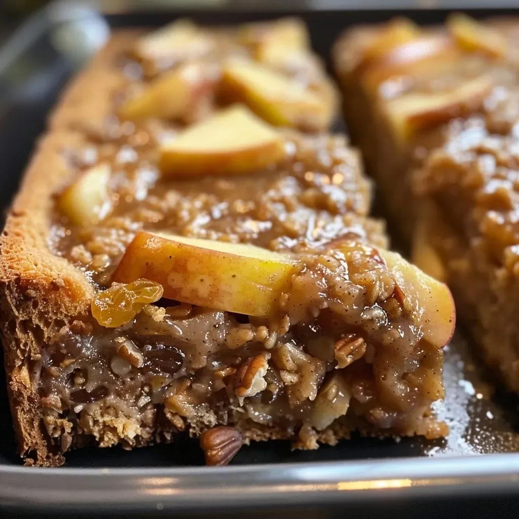 ['Close-up side view of apple cinnamon bread pudding in a dish.', 'Juicy, baked apple cinnamon bread pudding with visible textures.', 'Slice of apple cinnamon bread pudding featuring apple chunks and raisins.', 'Rich, golden-brown apple cinnamon bread pudding presented in a pan.']