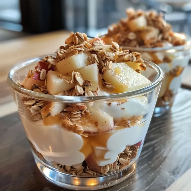 ['Close-up view of a layered apple cinnamon granola parfait with Greek yogurt and fresh apple slices.', 'Side view of a parfait featuring oat granola, diced apples, and a sprinkle of cinnamon in a clear glass.', 'Juicy apple cinnamon granola parfait with yogurt, nutmeg, and apple juice visible in each layer.', 'Colorful parfait showing layers of granola, yogurt, and apples, garnished with a cinnamon dusting.']