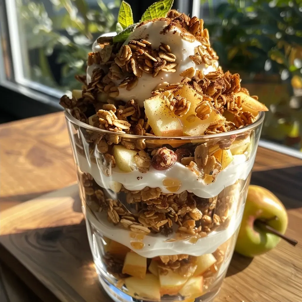 Close-up view of a layered apple cinnamon granola parfait with Greek yogurt and fresh apple slices.