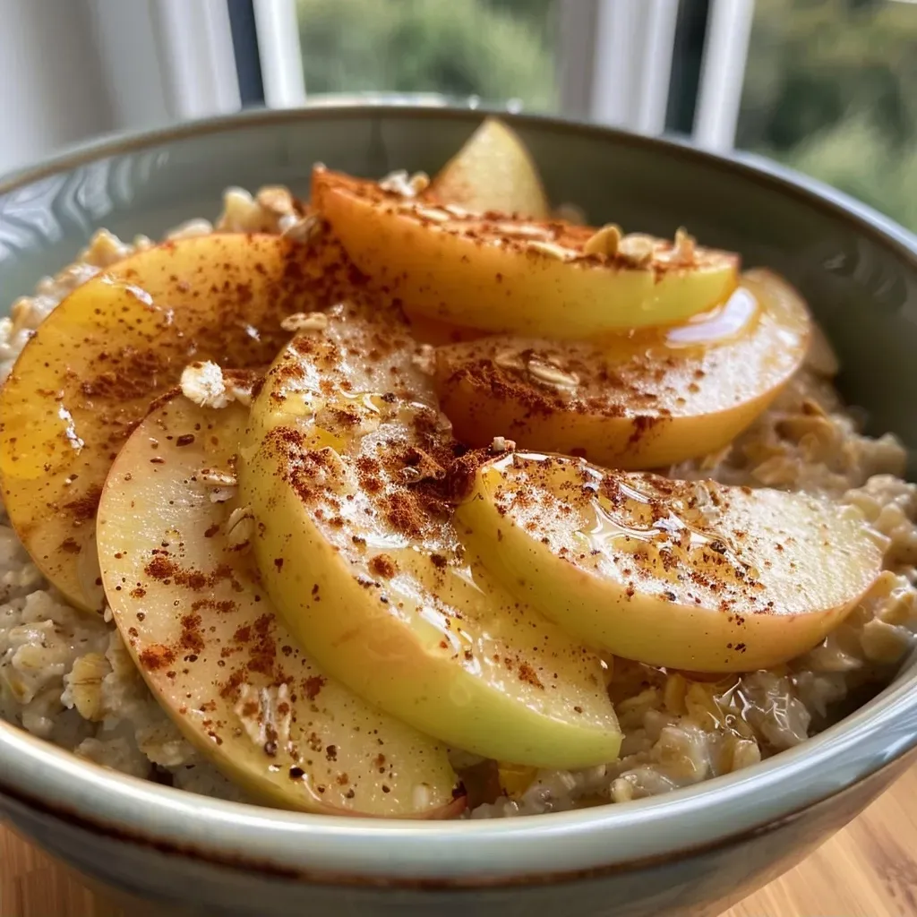 ['Close-up view of a bowl of apple cinnamon oatmeal with bright apple pieces.', 'Side view of hearty oatmeal topped with cinnamon and fresh apple slices.', 'Delicious apple cinnamon oatmeal in a bowl, showing texture and ingredients.', 'Warm oatmeal featuring apple pieces and a sprinkle of cinnamon, captured on a table.']