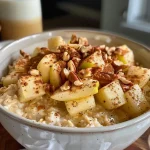 ['Close-up of a bowl of Apple Cinnamon Oatmeal topped with pecans and syrup.', 'Side view of steaming oatmeal with diced apples and a sprinkle of cinnamon.', 'Delicious-looking oatmeal with a creamy texture and apple chunks.', 'Comforting bowl of oats featuring apples, cinnamon, and pecans.']