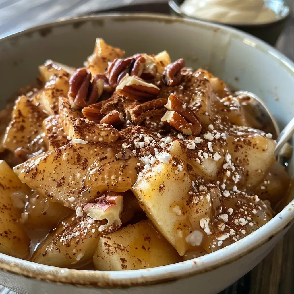 ['Close-up of a bowl of Apple Cinnamon Oatmeal topped with pecans and syrup.', 'Side view of steaming oatmeal with diced apples and a sprinkle of cinnamon.', 'Delicious-looking oatmeal with a creamy texture and apple chunks.', 'Comforting bowl of oats featuring apples, cinnamon, and pecans.']