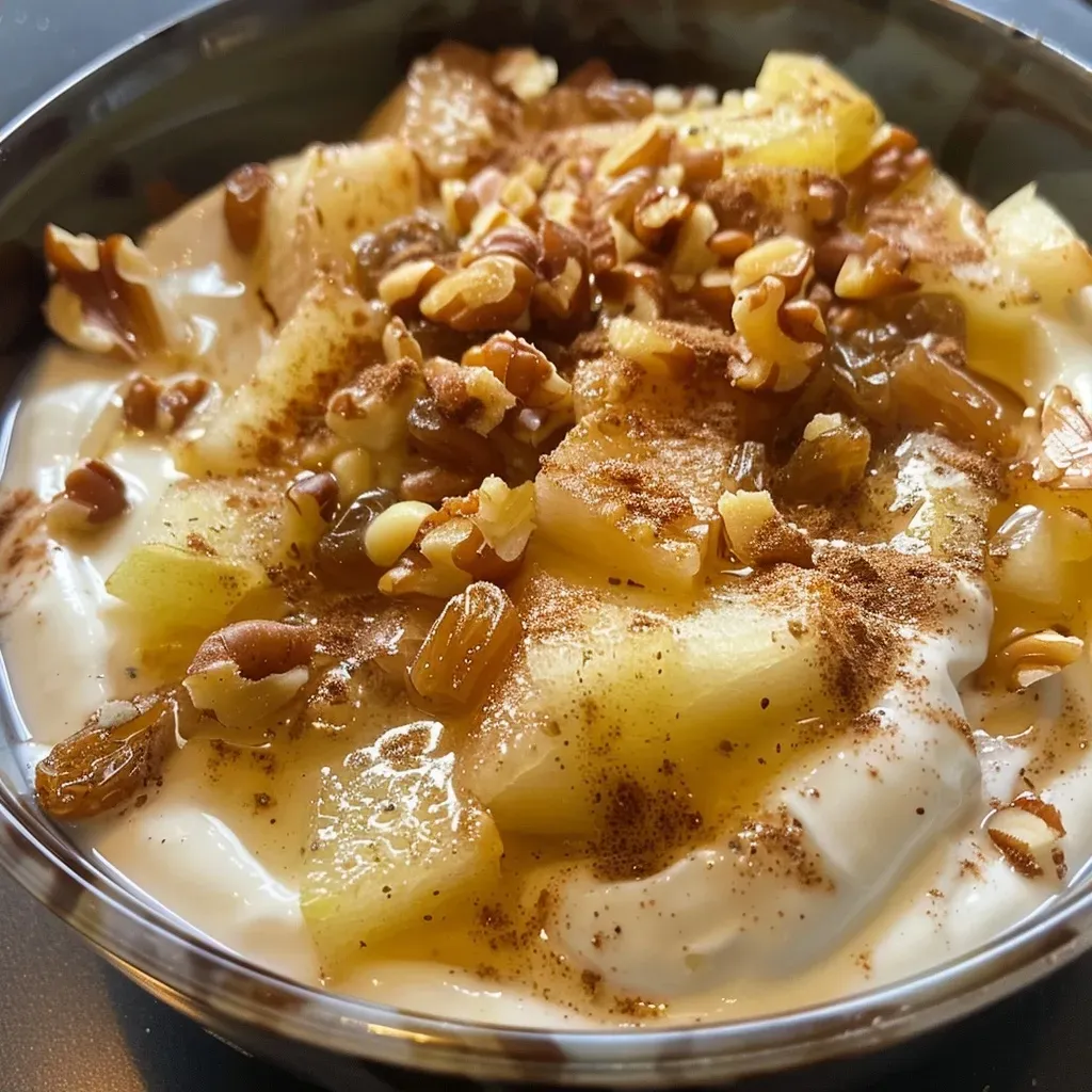 ['Close-up view of a yogurt bowl topped with diced apples, raisins, and nuts.', 'Side shot of a delicious apple cinnamon yogurt bowl garnished with spices and fruits.', 'Juicy yogurt bowl filled with diced apples and a sprinkle of cinnamon, featuring nuts on top.', 'Colorful yogurt bowl showcasing a mix of apples, golden raisins, and walnuts.']