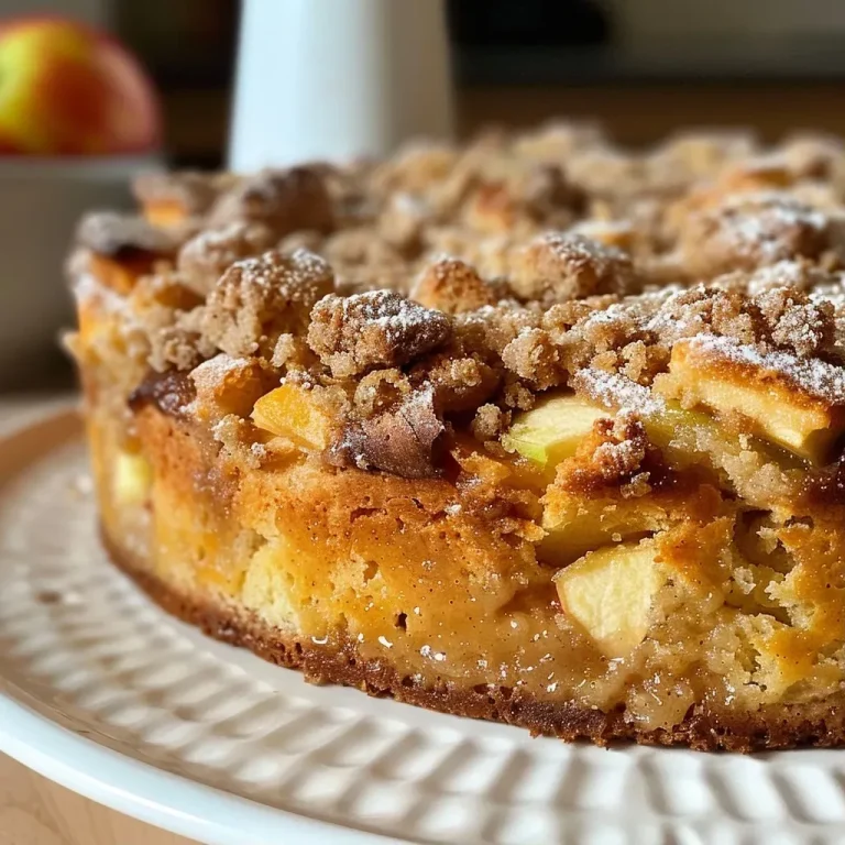 ['Side view of freshly baked apple bread topped with crumbly streusel.', 'Close-up shot of apple bread with a golden crumb topping, sliced to reveal its texture.', 'Juicy apple bread with a crunchy streusel, displayed on a wooden surface.', 'A delectable side view of apple bread, showcasing its crumbly topping and apple chunks.']