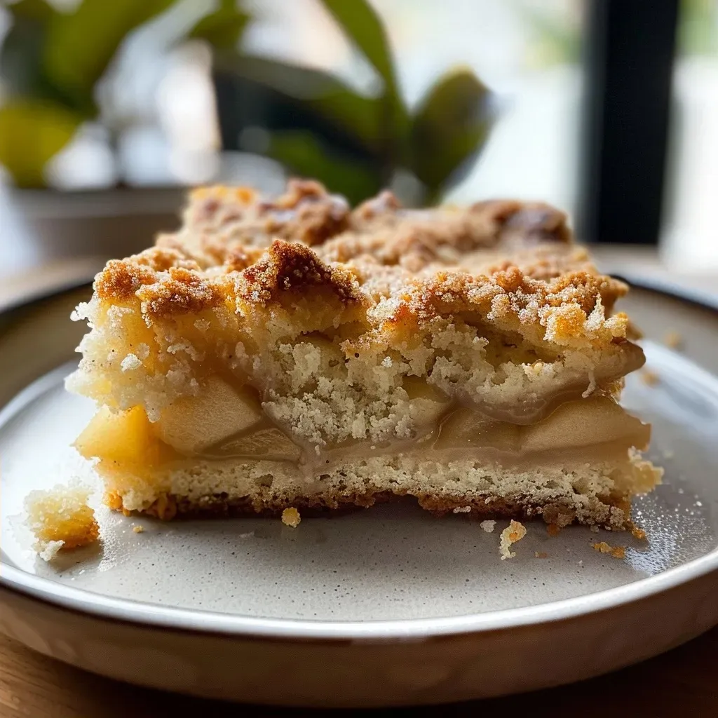 ['Side view of freshly baked apple bread topped with crumbly streusel.', 'Close-up shot of apple bread with a golden crumb topping, sliced to reveal its texture.', 'Juicy apple bread with a crunchy streusel, displayed on a wooden surface.', 'A delectable side view of apple bread, showcasing its crumbly topping and apple chunks.']