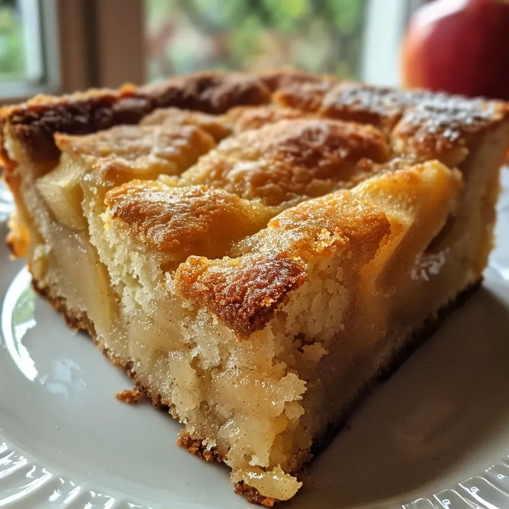 Close-up side view of a beautifully baked apple spice cake with visible apple chunks and spices.