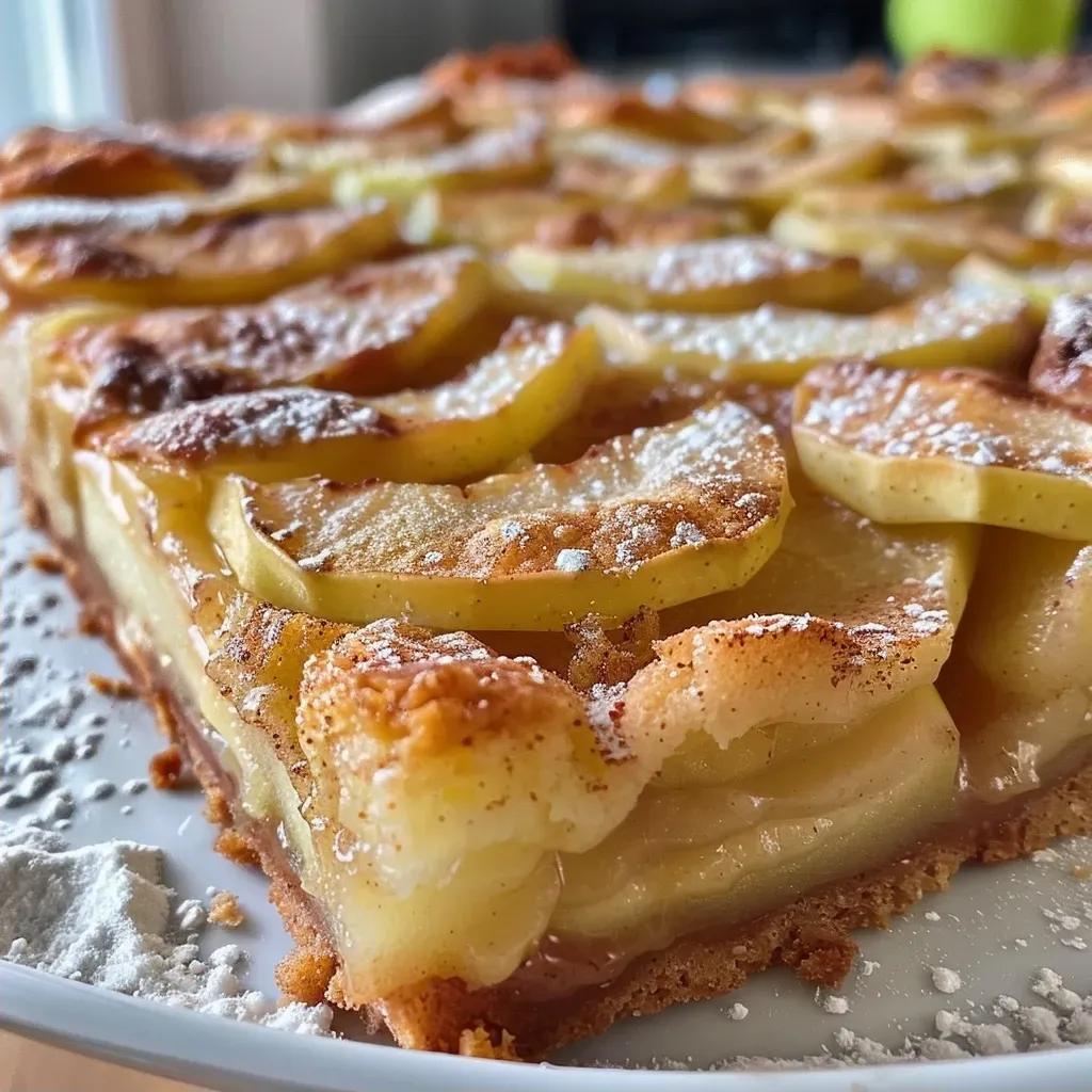 Close-up of a moist apple cake loaf, revealing a golden-brown crust and visible chunks of apples.