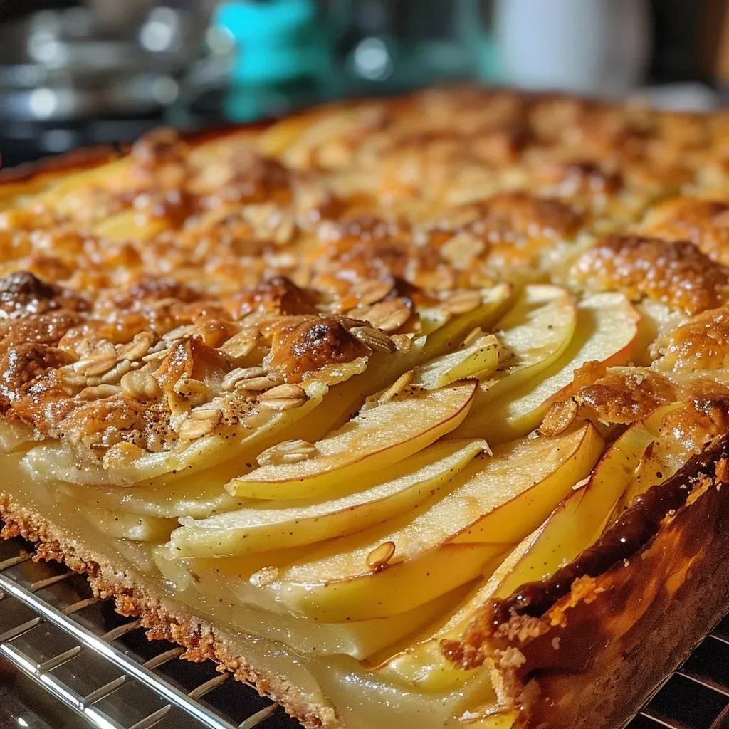 Close-up view of apple pie bars with a golden crust and apple filling.