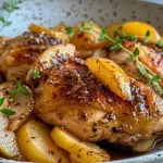 ['Juicy skillet apple cider chicken with apple slices, herbs, and spices in a pan.', 'Close-up of delicious cooked chicken thighs in apple cider sauce with fresh herbs.', 'Pan-fried apple cider chicken garnished with thyme and rosemary, showcasing juicy meat and apple slices.', 'Tasty apple cider chicken dish with vibrant apple slices and spices, presented in a skillet.']