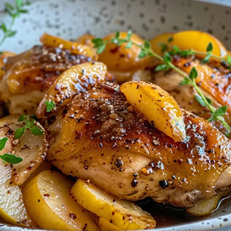 ['Juicy skillet apple cider chicken with apple slices, herbs, and spices in a pan.', 'Close-up of delicious cooked chicken thighs in apple cider sauce with fresh herbs.', 'Pan-fried apple cider chicken garnished with thyme and rosemary, showcasing juicy meat and apple slices.', 'Tasty apple cider chicken dish with vibrant apple slices and spices, presented in a skillet.']