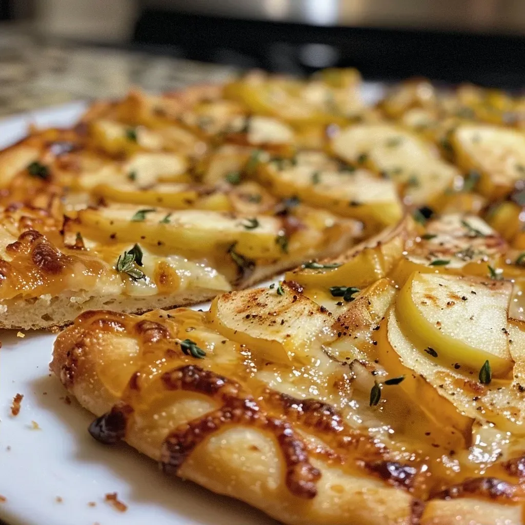 ['Close-up view of a slice of Apple Pizza showcasing thinly sliced apples on a golden crust.', 'Side view of deliciously baked Apple Pizza with a glossy finish and cinnamon topping.', 'Detailed image of a freshly made Apple Pizza topped with Honeycrisp apples and a sprinkle of powdered sugar.', 'Juicy and inviting Apple Pizza slice with visible layers of apples and buttery crust.']